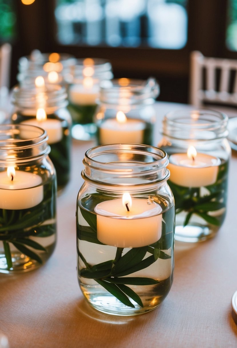 Mason jars filled with water, each holding a single lit floating candle, arranged as a centerpiece for a wedding reception