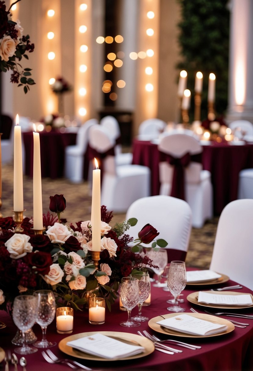 A candlelit burgundy ceremony with rich floral decor and elegant table settings