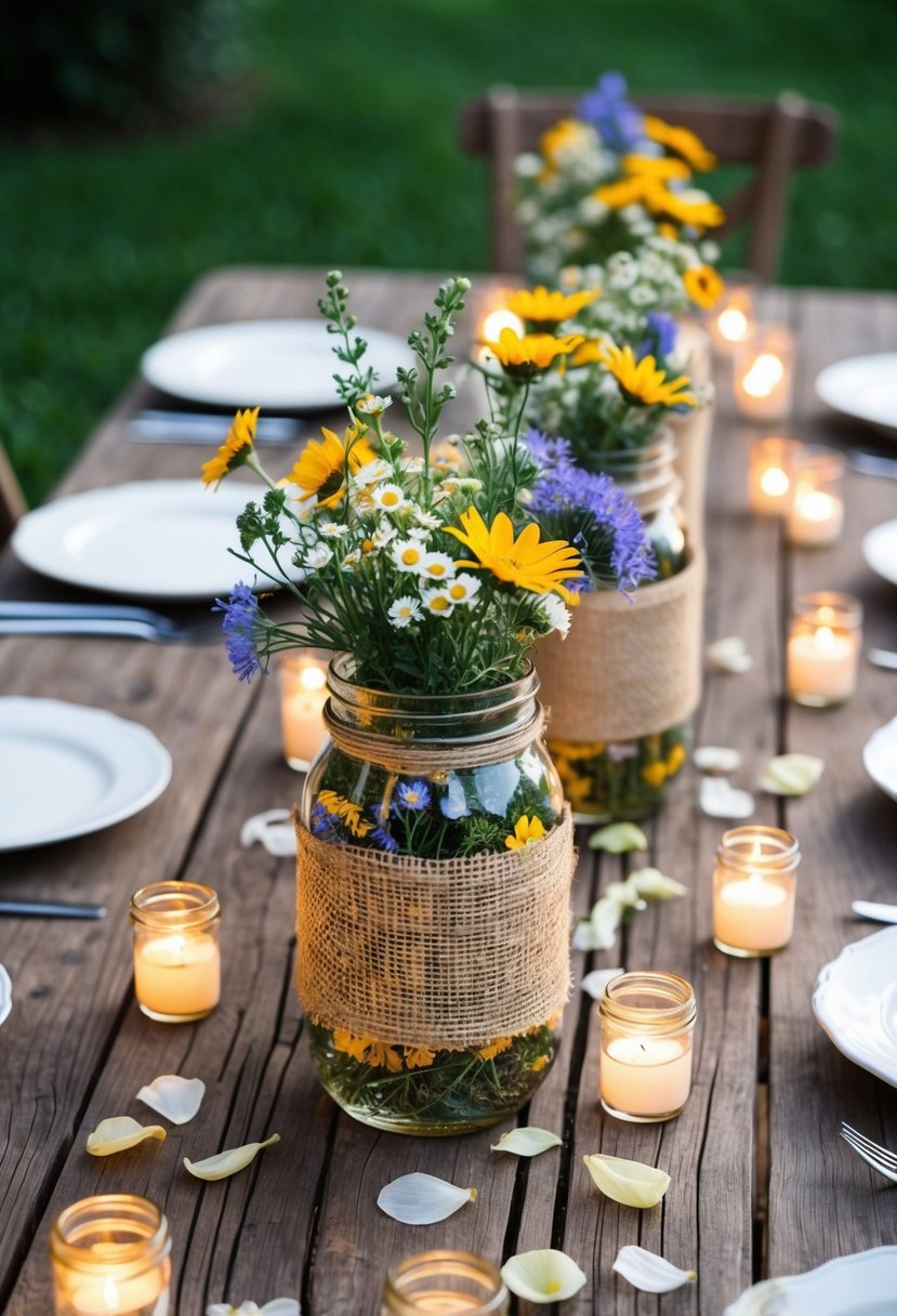 A wooden table adorned with burlap-wrapped mason jars filled with wildflowers, surrounded by flickering tea lights and scattered with scattered petals