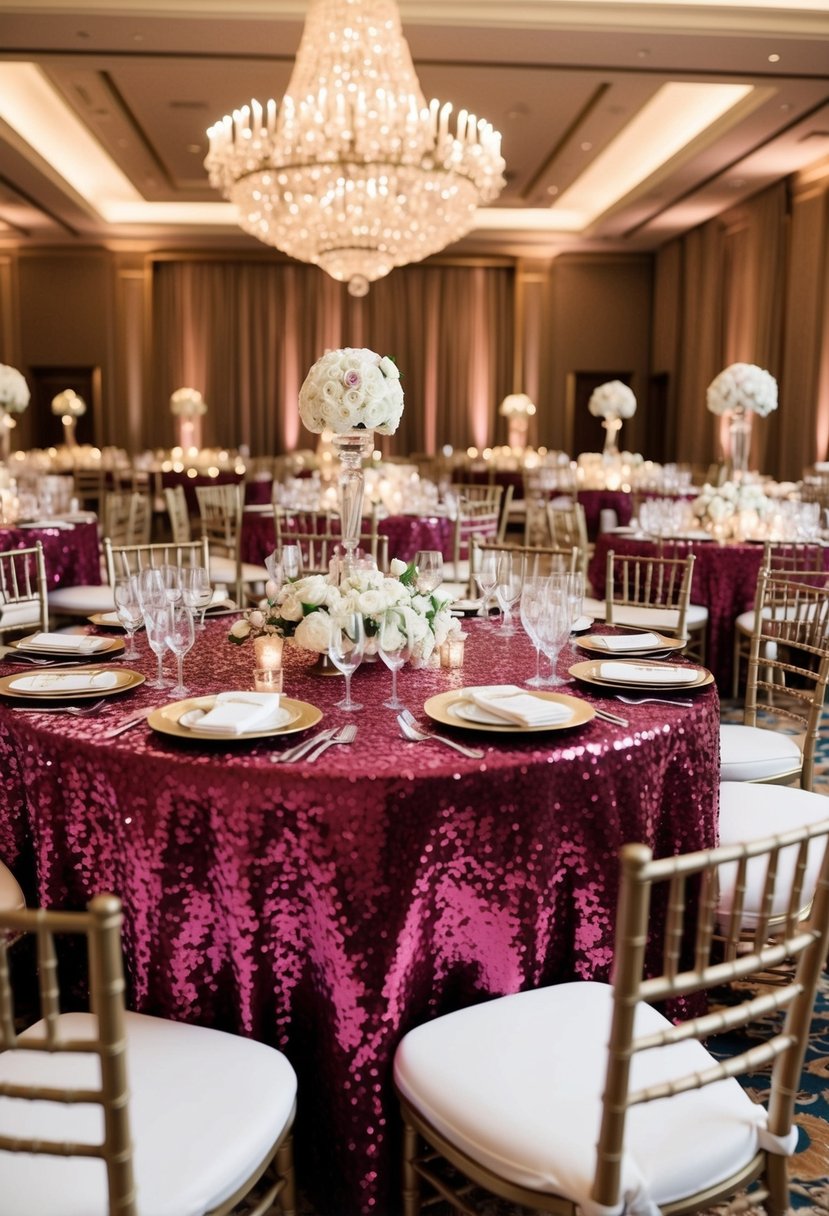 A grand banquet table adorned with shimmering burgundy sequin tablecloths, creating an opulent and romantic atmosphere for a wedding celebration