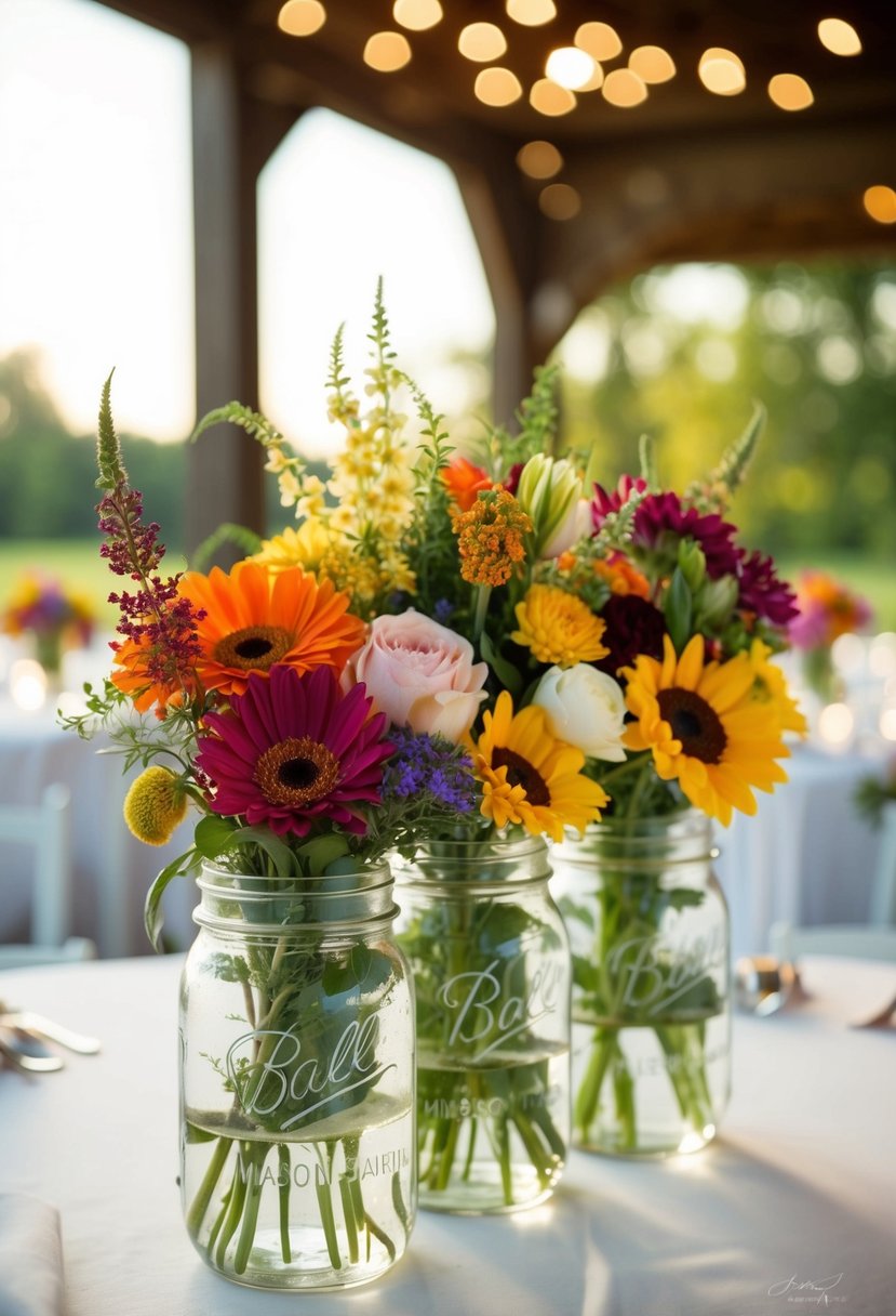 Mason jars filled with colorful seasonal flowers arranged as wedding centerpieces