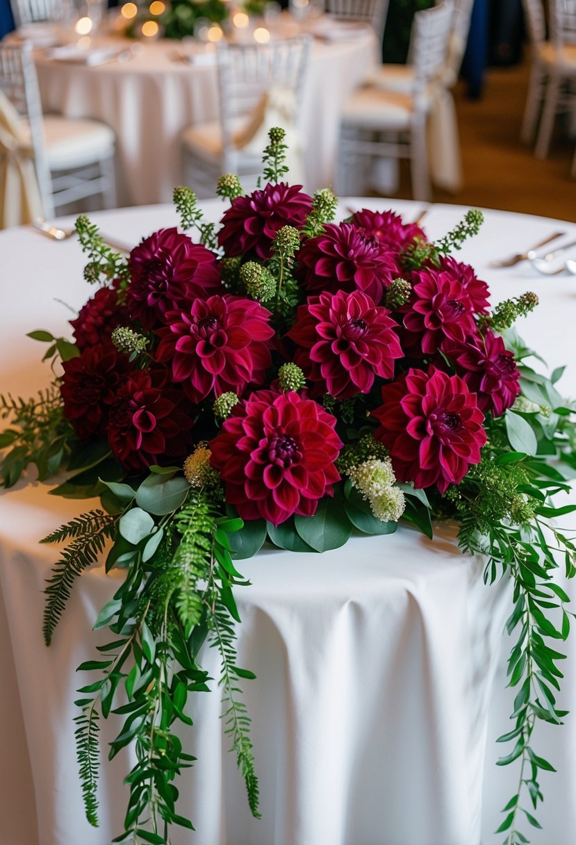 A lush arrangement of burgundy dahlias, accented with greenery, sits atop a white tablecloth at a wedding reception