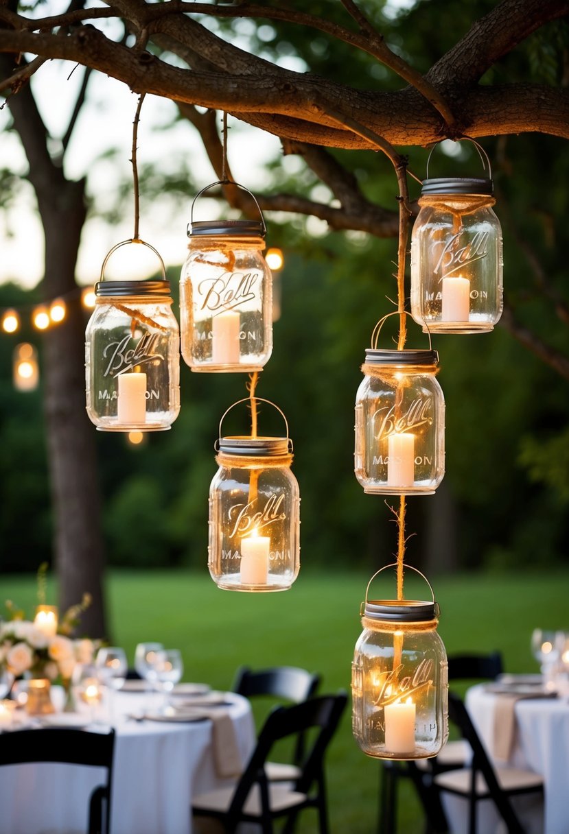 Mason jar lanterns hang from tree branches, illuminating a rustic wedding centerpiece