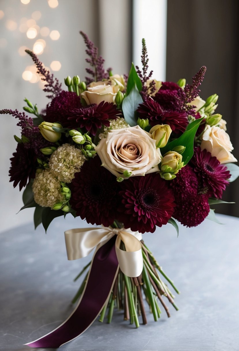 A lush bouquet of deep burgundy and soft champagne flowers, tied with a satin ribbon