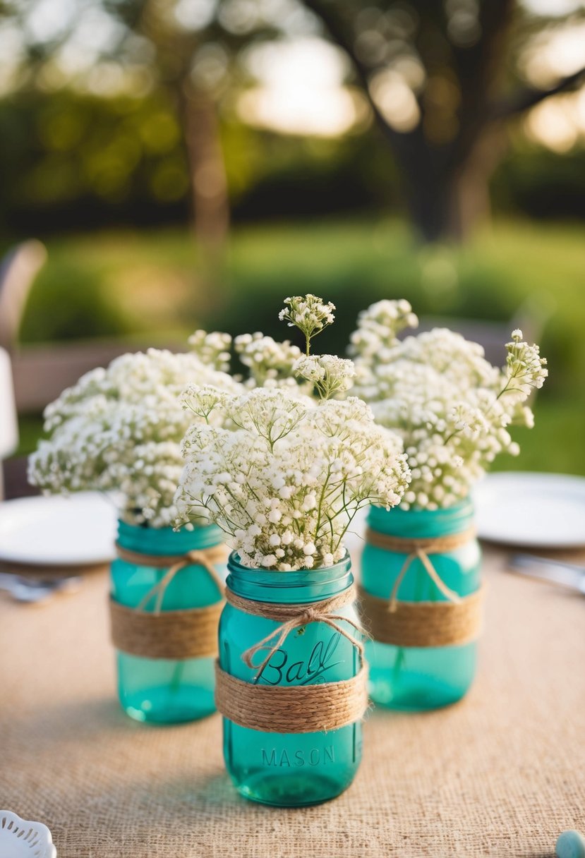 A rustic wedding centerpiece: Mason jars filled with baby's breath, wrapped in twine