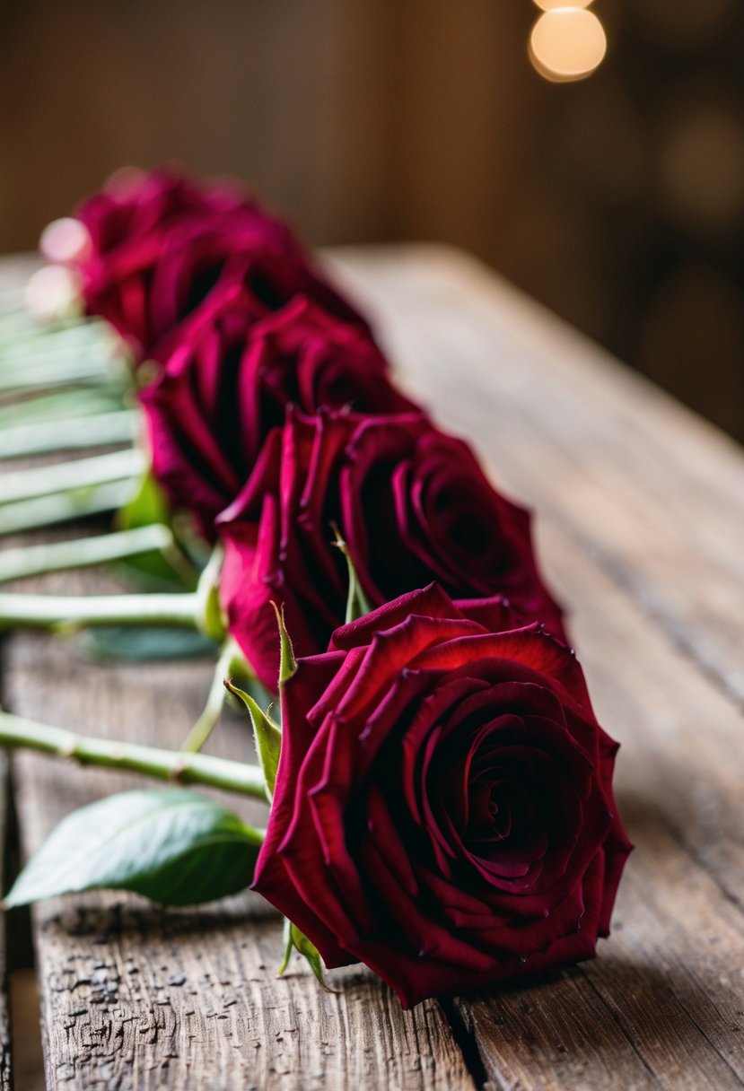 A close-up of burgundy rose boutonnieres arranged on a rustic wooden table, with soft natural light illuminating the delicate petals