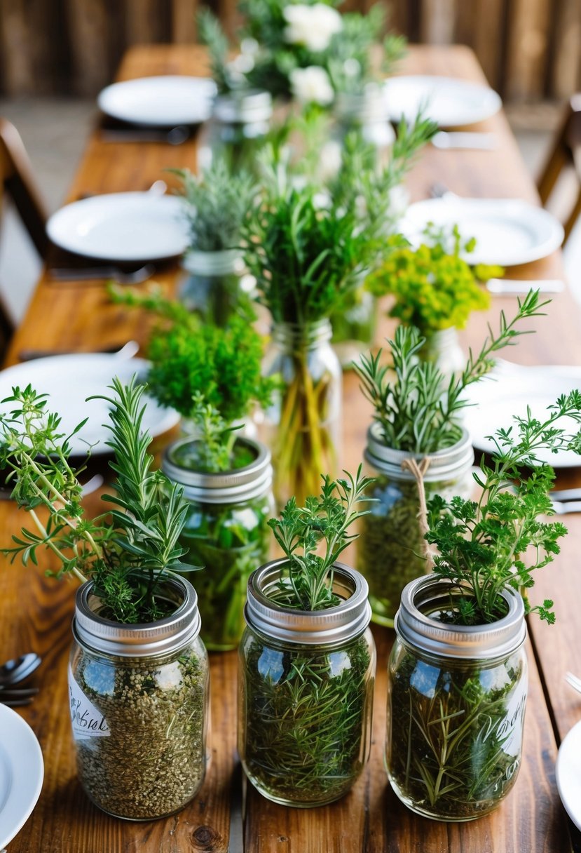 A rustic wooden table adorned with mason jars filled with an assortment of fresh herbs, serving as charming and fragrant centerpieces for a wedding celebration