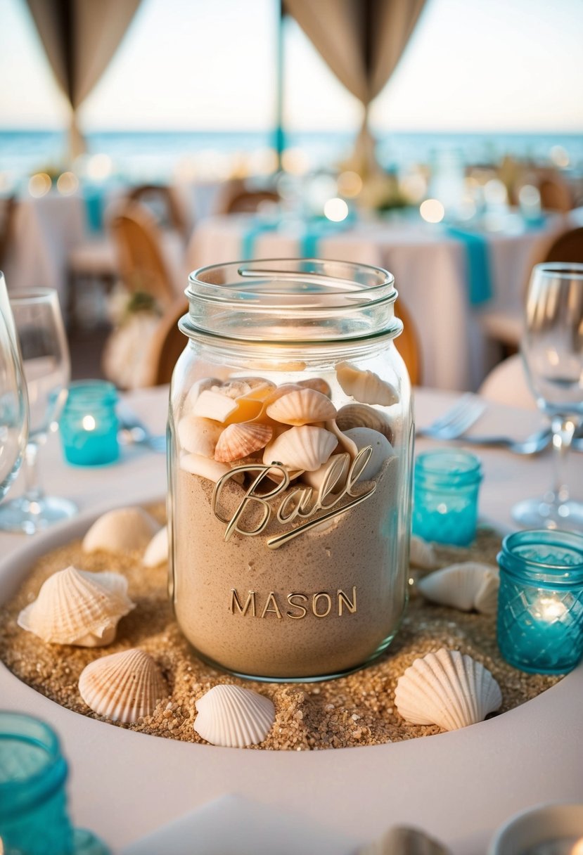 A mason jar filled with sand and shells, surrounded by beach-themed decor, serves as a centerpiece for a wedding reception