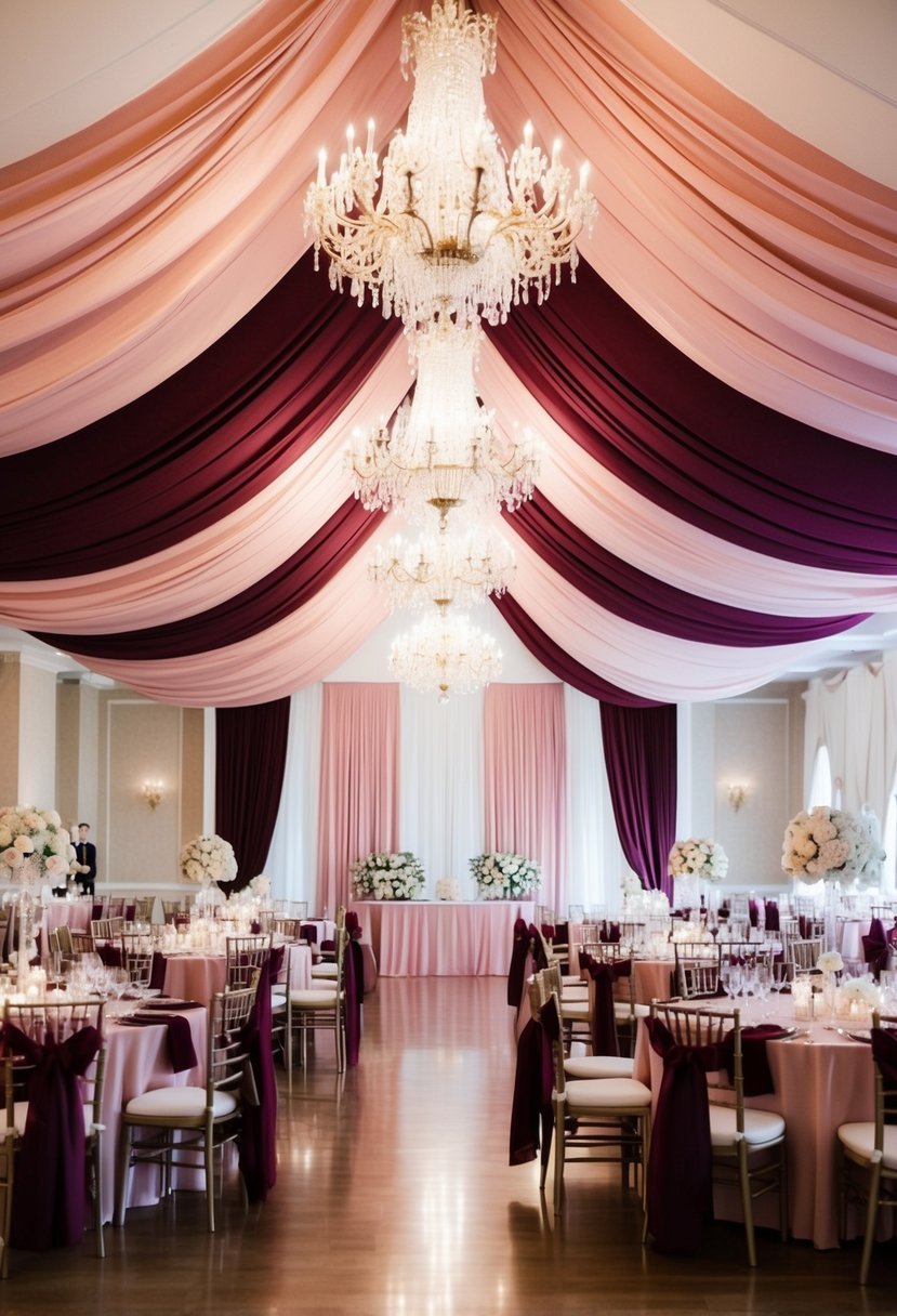 A grand ballroom adorned with blush and burgundy drapery, set for a luxurious wedding celebration