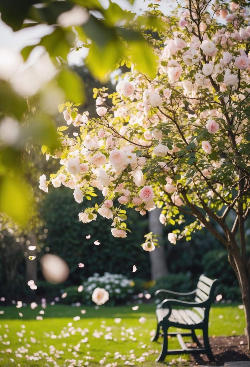 A serene garden with a blooming tree, a bench, and a scattering of rose petals. A soft light filters through the leaves, creating a peaceful atmosphere