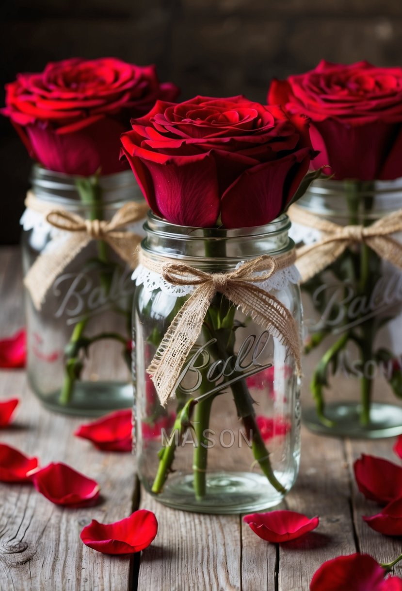 A trio of clear mason jars filled with red roses, tied with burlap and lace, surrounded by scattered rose petals on a rustic wooden table