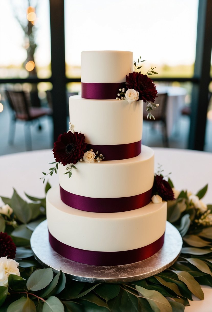 A three-tiered cake with burgundy ribbon and floral decorations