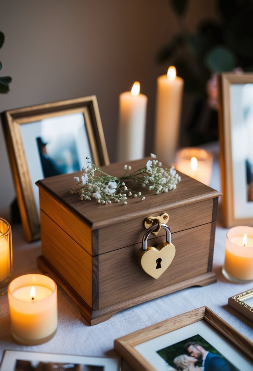 A wooden memory box, adorned with delicate flowers and a heart-shaped lock, sits on a table surrounded by flickering candles and framed photographs