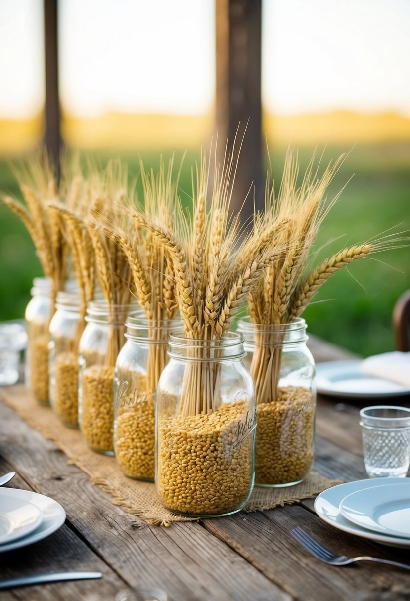 A rustic wooden table adorned with mason jars filled with wheat and grains, serving as a country-style centerpiece for a wedding