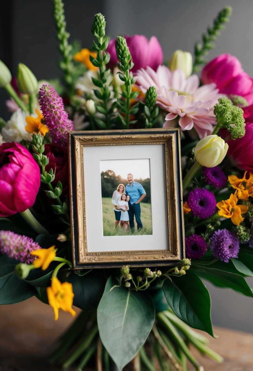 A bouquet of flowers with a vintage frame nestled among the blooms, holding a cherished family photo