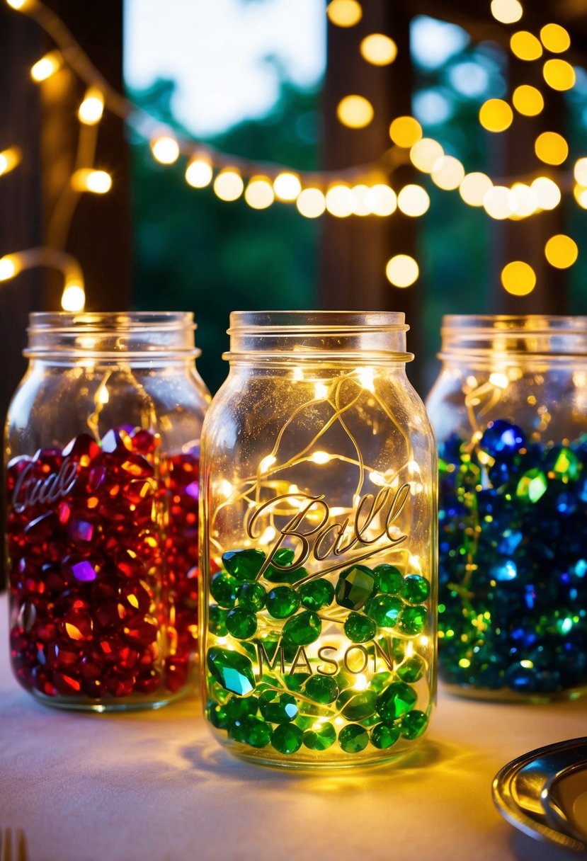 Mason jars filled with colorful gemstones, illuminated by twinkling fairy lights, create a magical centerpiece for a wedding