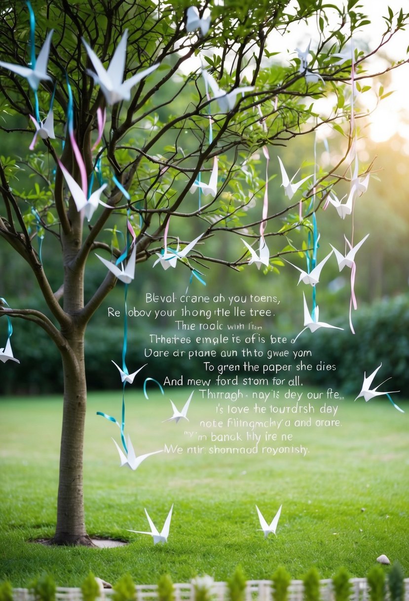 A tranquil garden with a lone tree, its branches adorned with delicate paper cranes and ribbons, as a gentle breeze carries the words of a beloved poem through the air