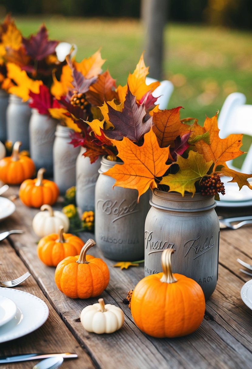 A rustic wooden table adorned with mason jars filled with colorful autumn leaves and small pumpkins, creating a charming centerpiece for a wedding celebration