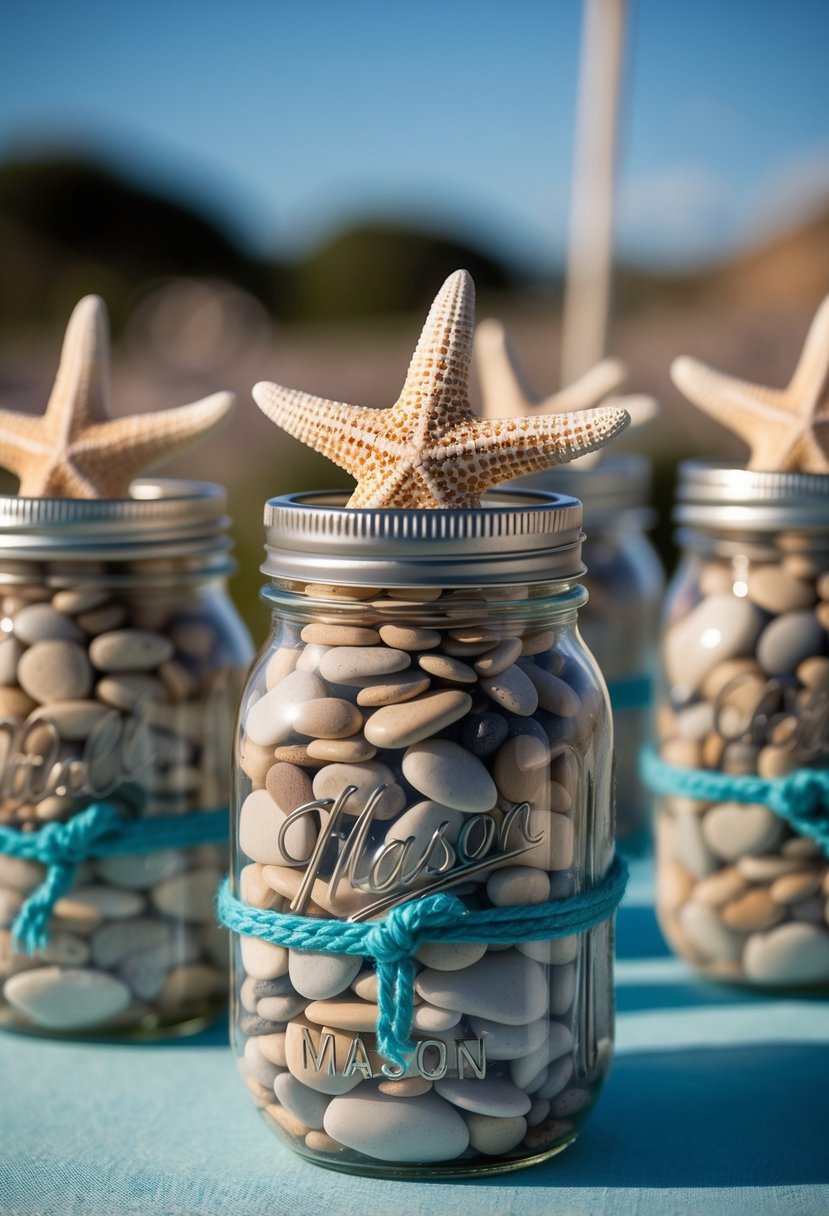 Mason jars filled with pebbles and adorned with starfish, arranged on a seaside-themed wedding table centerpiece