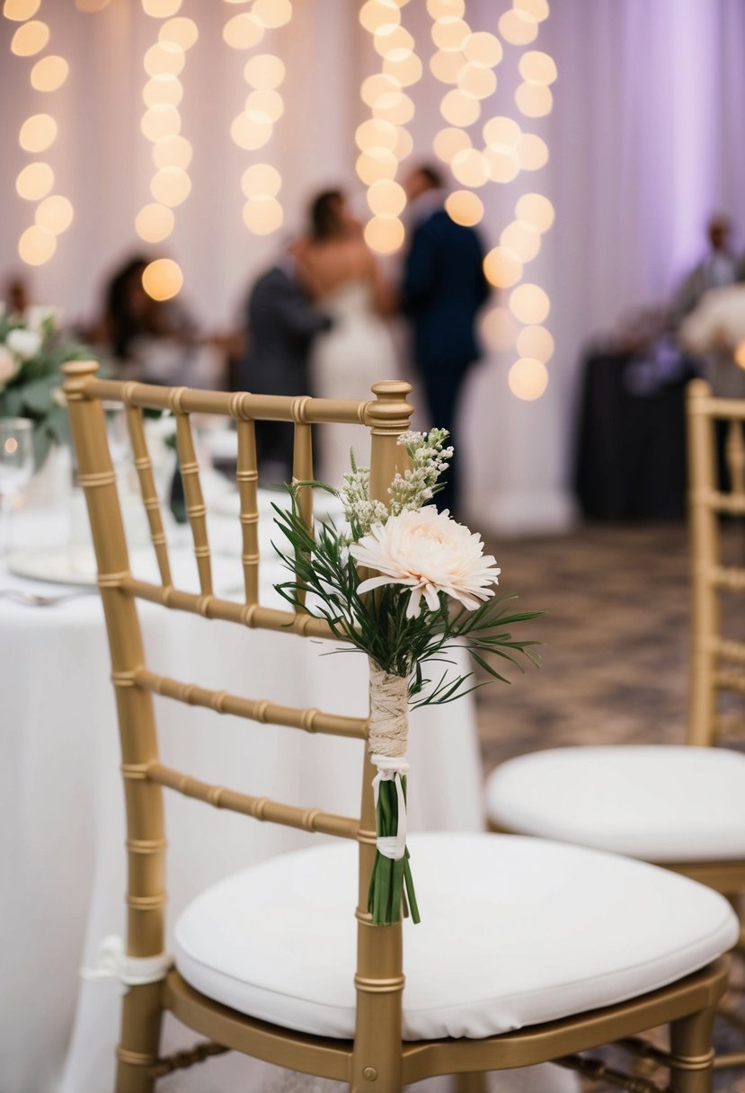 A single empty chair adorned with a delicate flower, placed in a prominent spot at a wedding reception