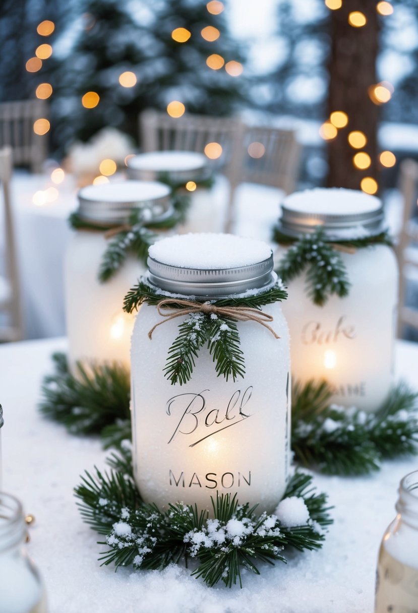 Snow-covered mason jars adorned with snowflakes and pine, arranged as wedding centerpieces in a winter wonderland setting