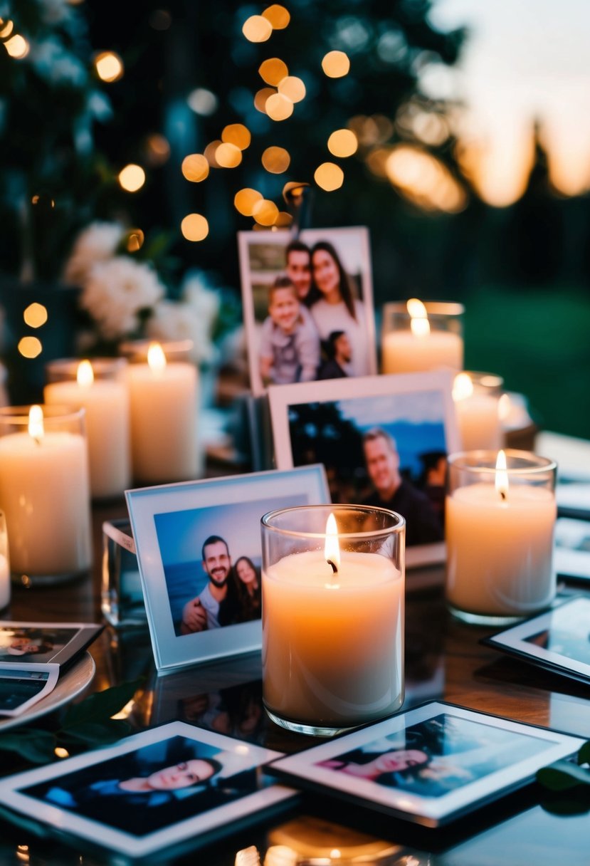 A memory table adorned with candles and photos, evoking a sense of remembrance and love