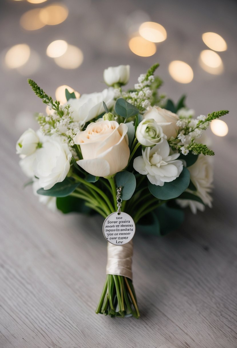 A delicate bouquet with a personalized charm hanging from the stem, adorned with symbols of remembrance and love