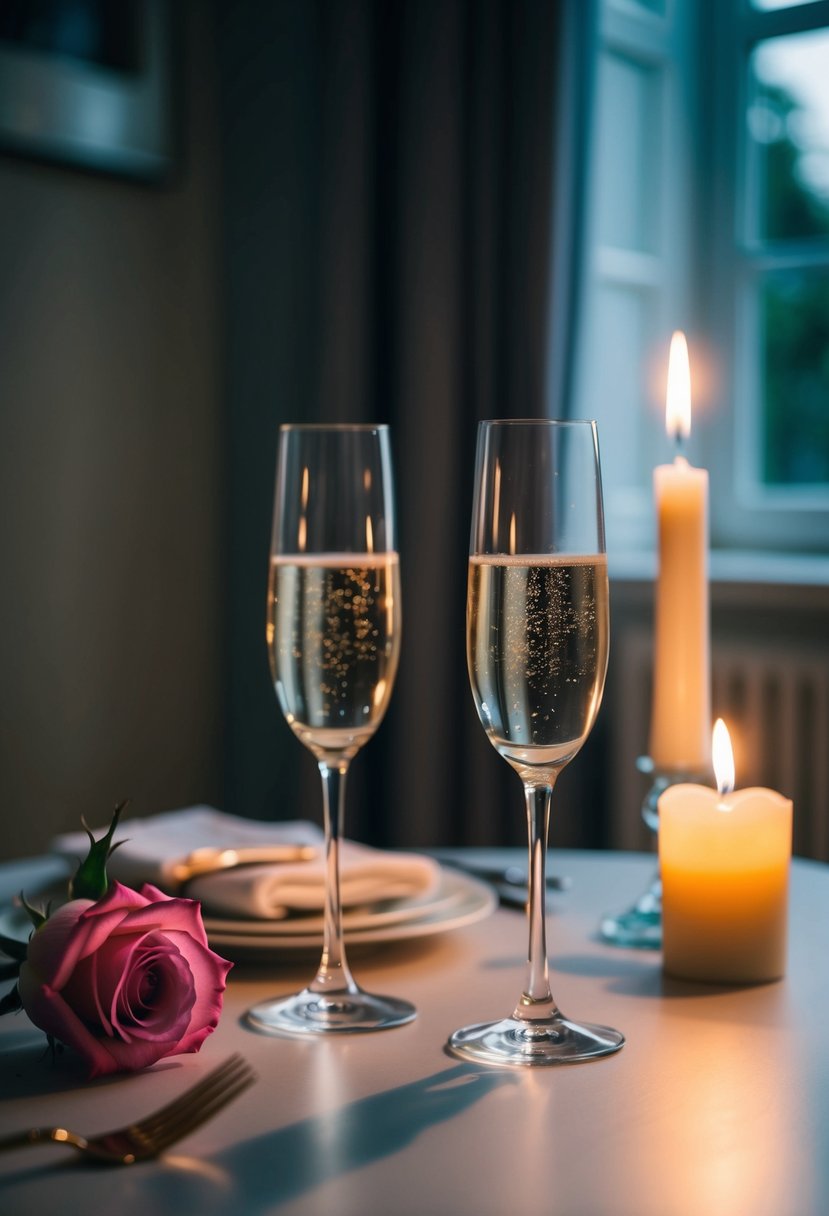 A table set with two empty champagne flutes, a single rose, and a lit candle in a serene, dimly lit room