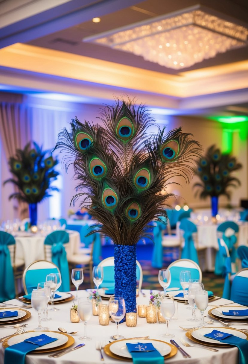 A colorful peacock-themed wedding reception with peacock feather centerpieces and vibrant blue and green decor