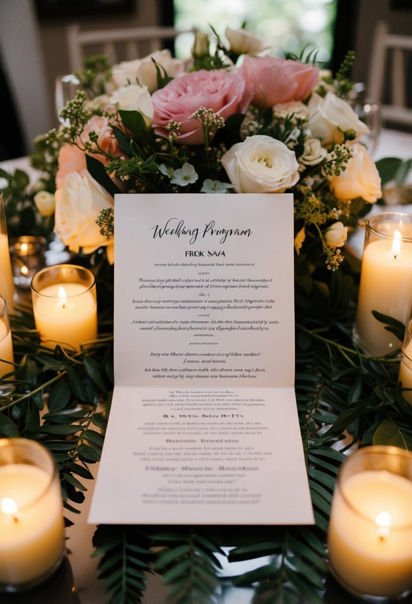 A wedding program with a handwritten note placed on a table, surrounded by flowers and candles, evoking a sense of remembrance and love