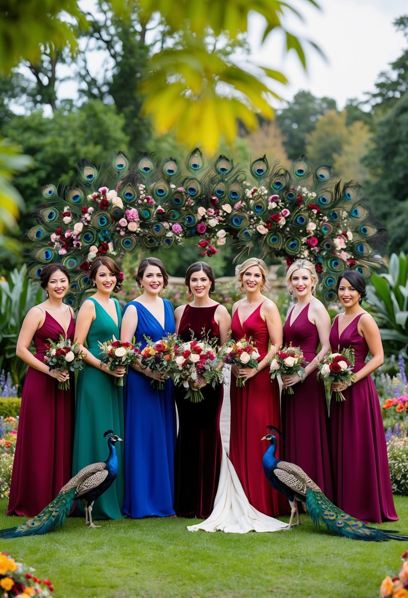 A group of bridesmaids in jewel-tone dresses stand in a lush garden, surrounded by peacock feathers and vibrant floral arrangements