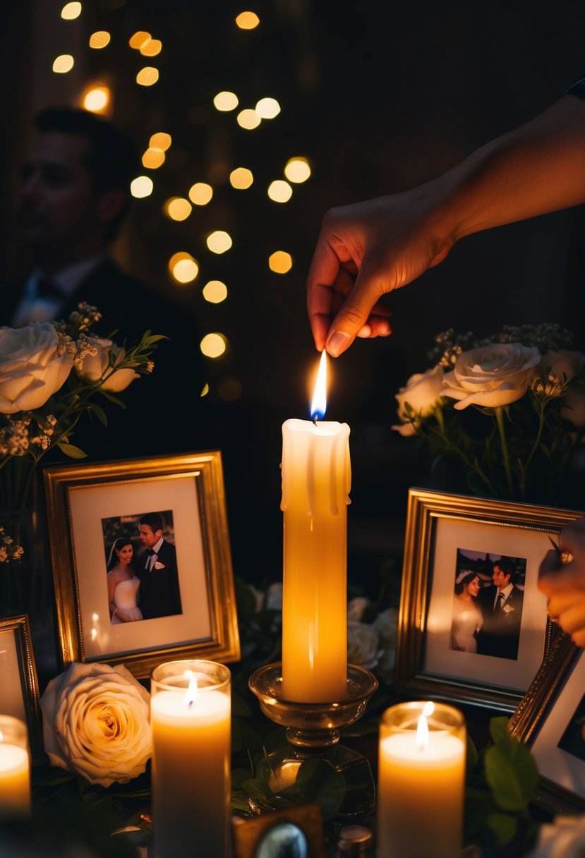 A candle being lit in a dimly lit room, surrounded by flowers and framed photos, as part of a wedding ceremony