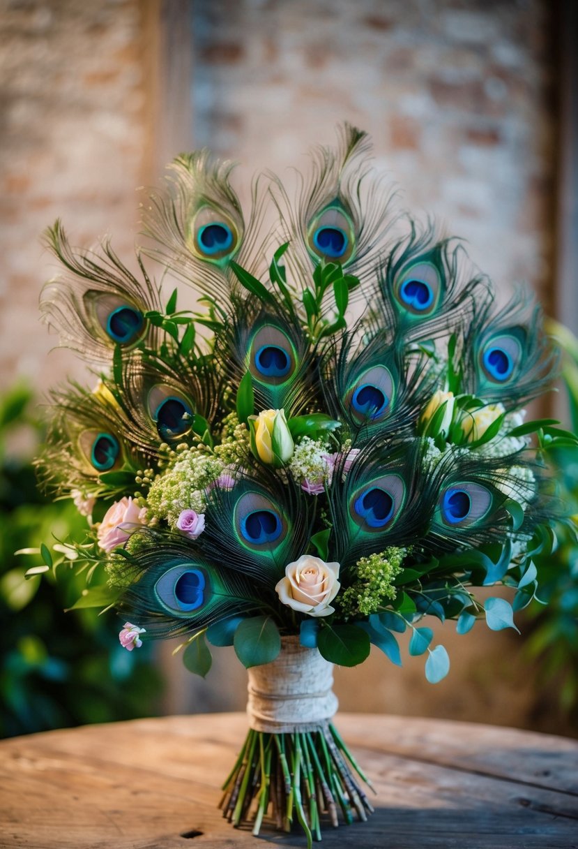 A vibrant bouquet of peacock feathers, intertwined with lush greenery and delicate blooms, sits on a rustic wooden table