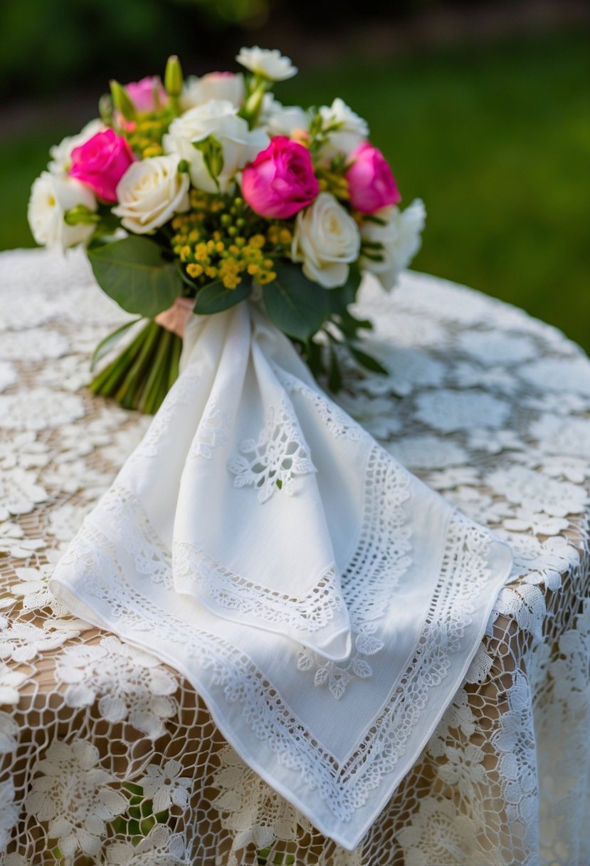 A lace handkerchief draped over a bouquet of flowers on a lace-covered table