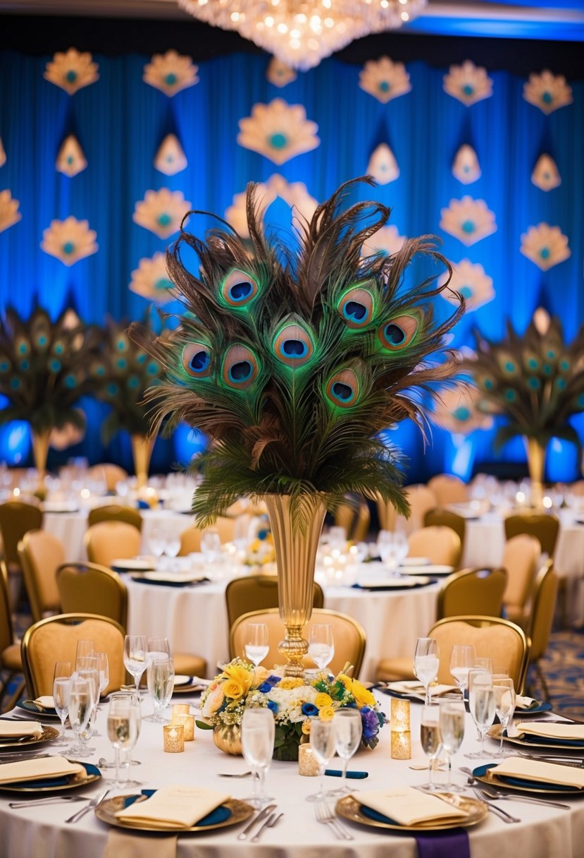 A lavish banquet table adorned with vibrant peacock feather centerpieces, set against a backdrop of opulent peacock-themed decor