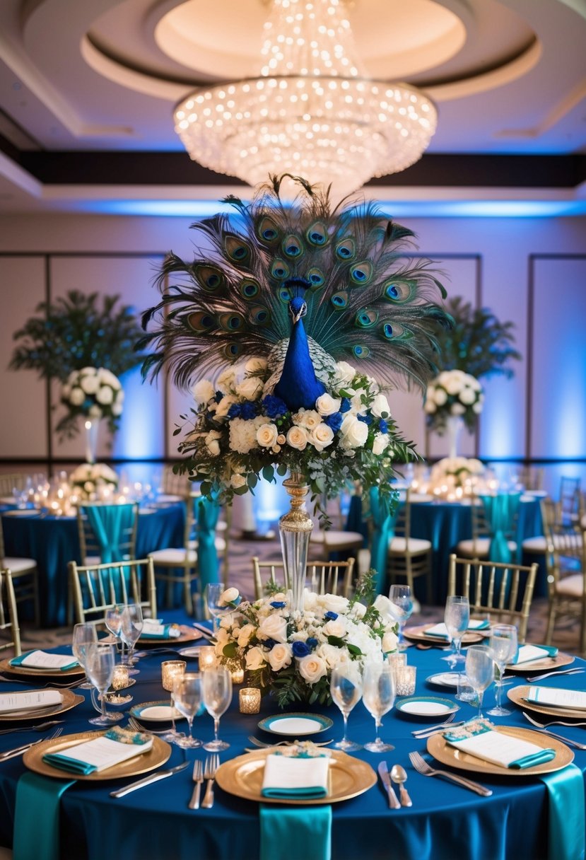 A grand peacock-themed wedding reception with teal and royal blue decor, featuring elegant feathers, shimmering table settings, and opulent floral arrangements