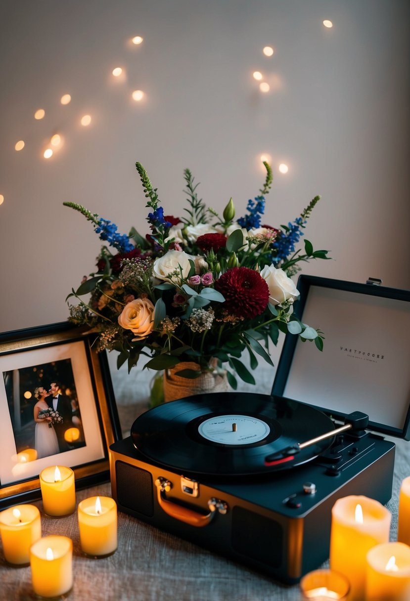 A bouquet of flowers and a vintage record player with a vinyl spinning, surrounded by flickering candles and framed photographs