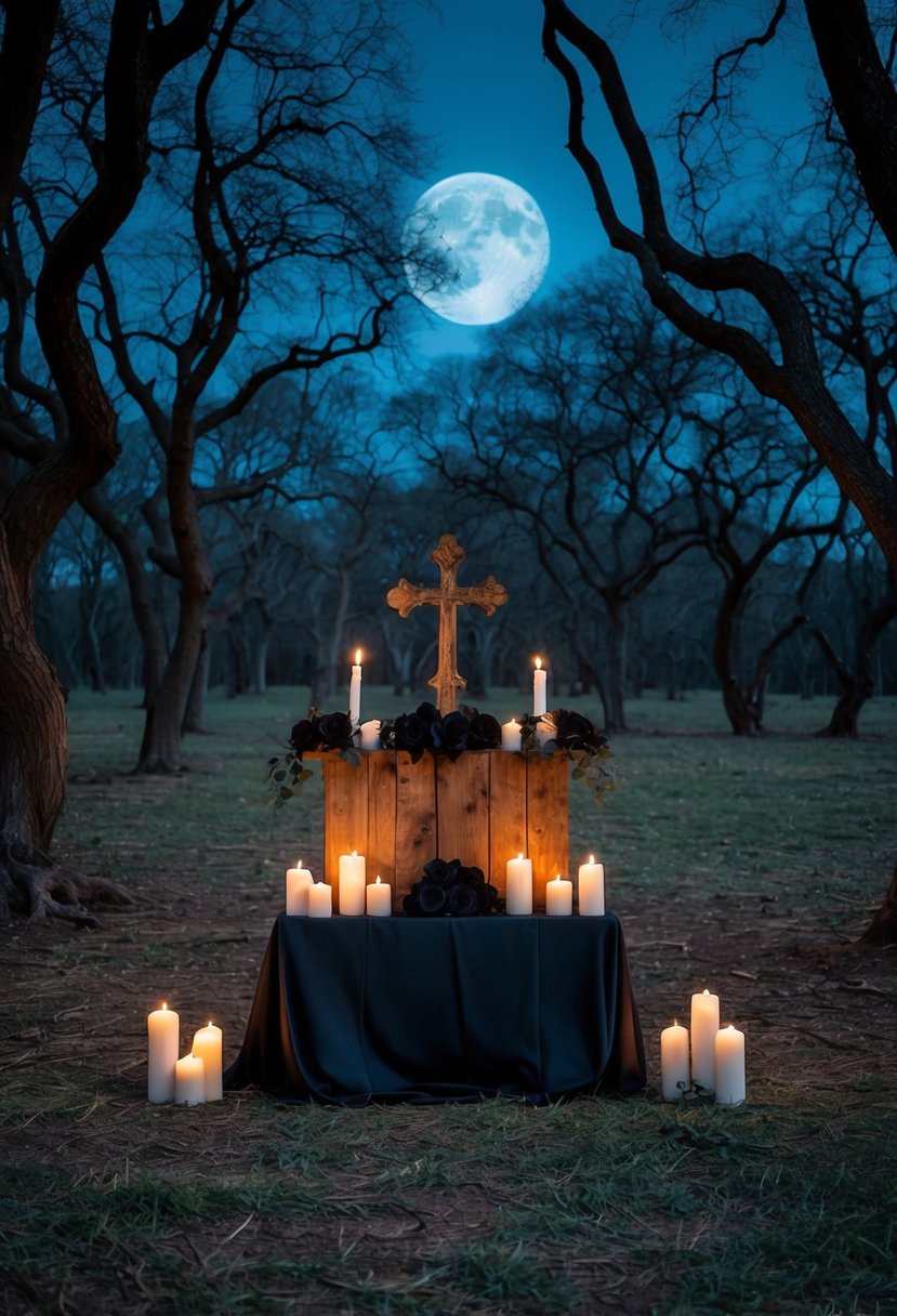 A moonlit forest clearing with a rustic altar, adorned with black roses and candles, surrounded by eerie, twisted trees