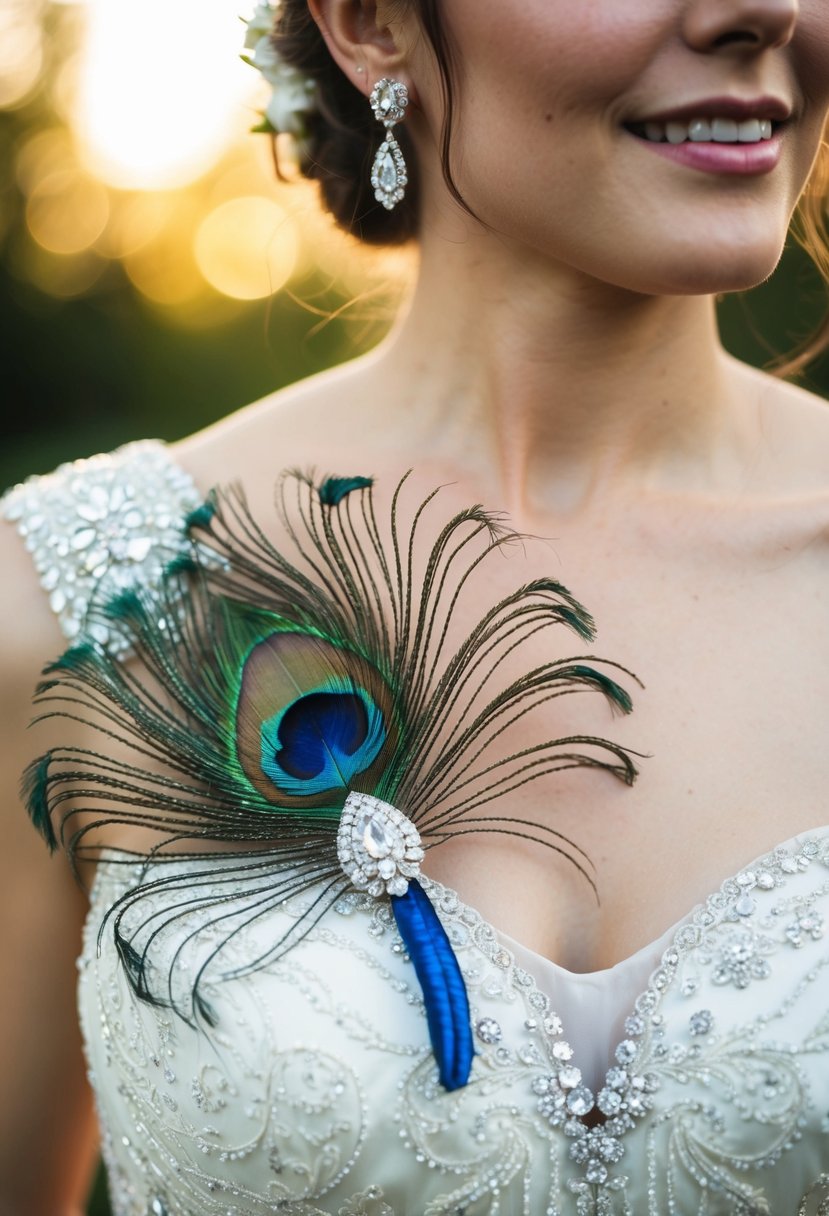 A wedding dress adorned with a shimmering peacock feather brooch