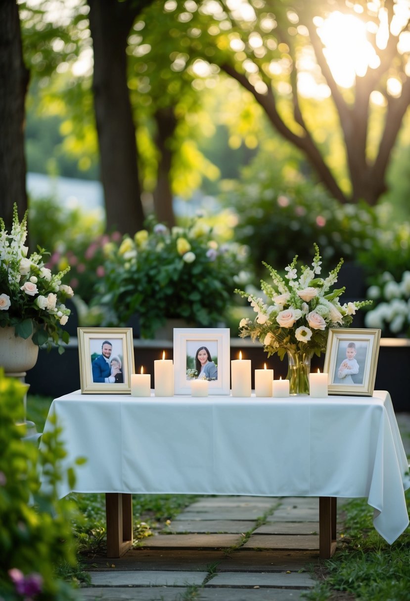 A serene garden with a memorial table adorned with candles, flowers, and framed photos. Soft sunlight filters through the trees, creating a peaceful ambiance