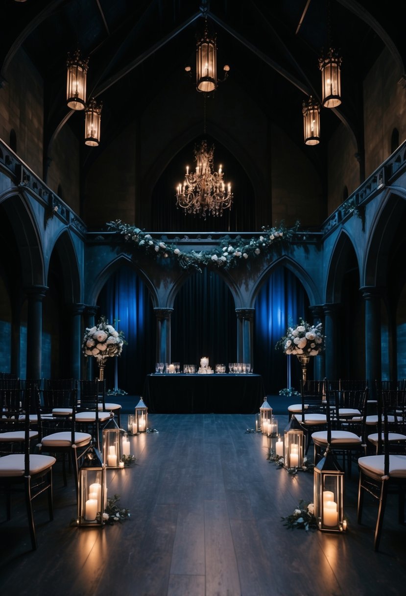 A gothic castle venue with eerie lighting and dark, dramatic decor sets the stage for a Friday the 13th wedding