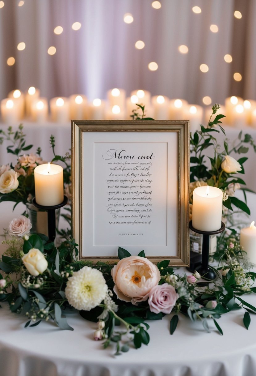 A table adorned with flowers and candles, featuring a framed memorial quote in a elegant script, set against a backdrop of soft, romantic lighting