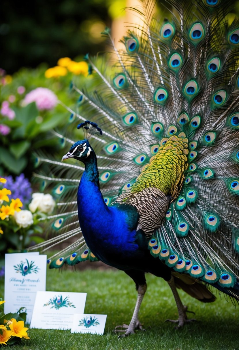 A majestic peacock displaying its vibrant feathers amidst a lush garden with blooming flowers and elegant peacock-themed wedding invitations scattered around