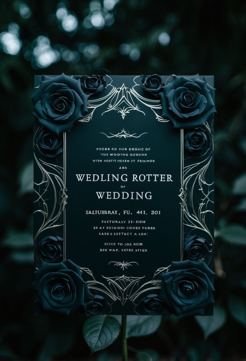 A dark, gothic-themed wedding invitation with black roses and eerie, swirling patterns