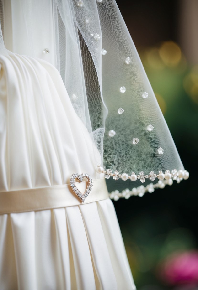 A delicate white wedding veil adorned with a small, sparkling brooch in the shape of a heart, pinned onto a satin sash