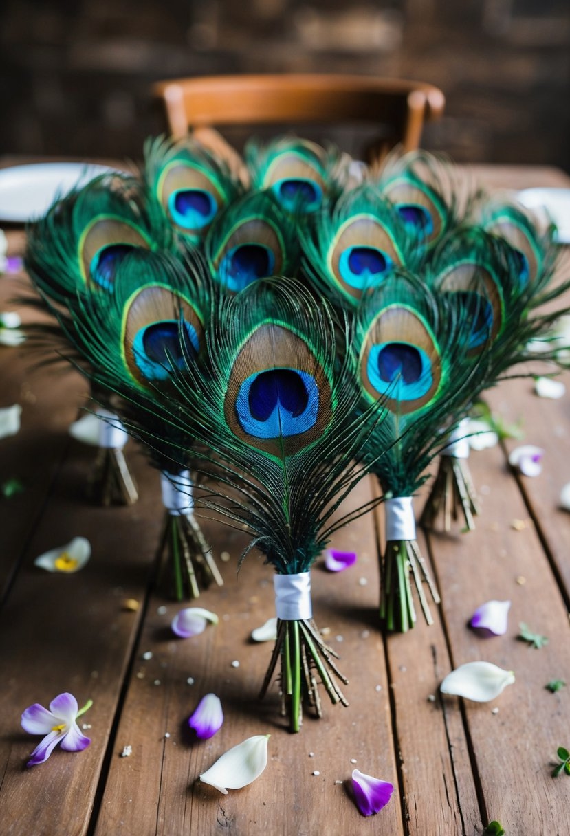 Vibrant peacock feather boutonnieres arranged on a rustic wooden table with scattered flower petals and delicate greenery