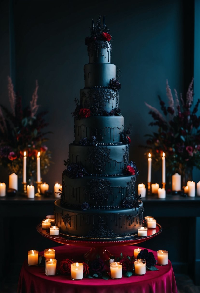 A towering all-black wedding cake adorned with eerie, gothic decorations sits atop a blood-red table, surrounded by flickering candles and dark, moody florals