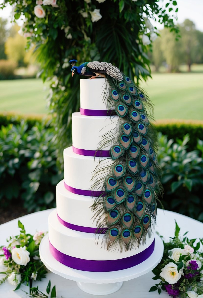 A tiered wedding cake adorned with intricate peacock feathers and jewel-toned colors, surrounded by lush greenery and blooming flowers