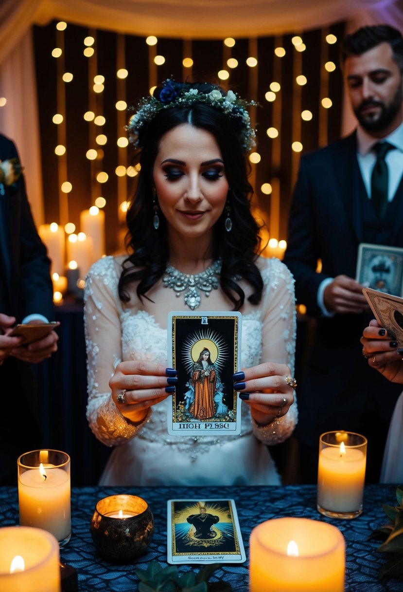 A mystical tarot card reader entertains guests at a Friday the 13th wedding, surrounded by flickering candles and mysterious decor