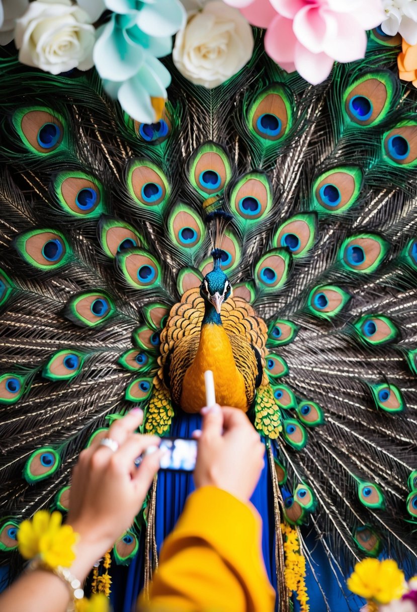 A peacock-themed photo booth with vibrant feathers, a decorative backdrop, and props for fun wedding pictures